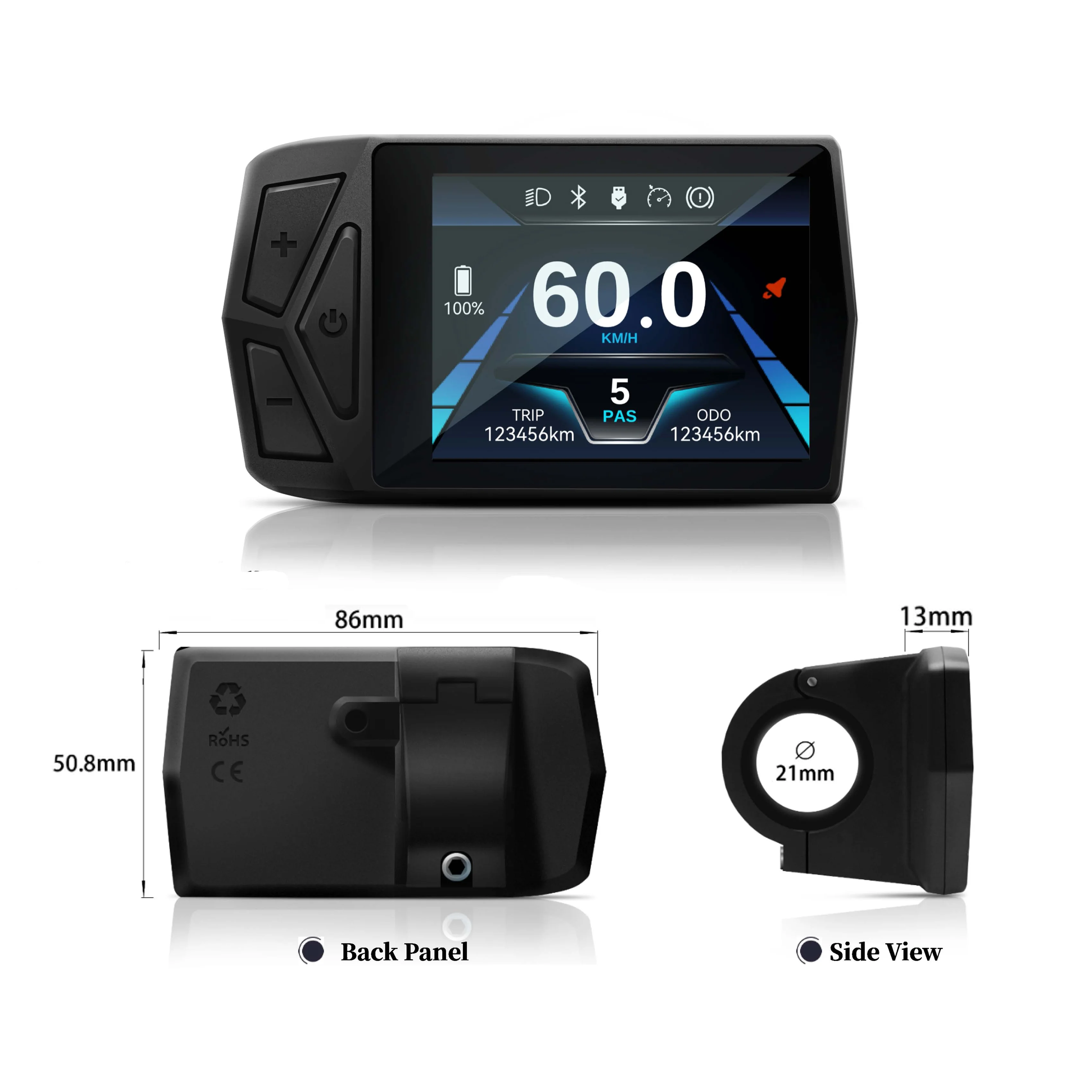 E-Bike 24V-72V T24 LCD Color Display SM/Waterproof Plug With USB function For UART No. 2 Communication Protocol controller