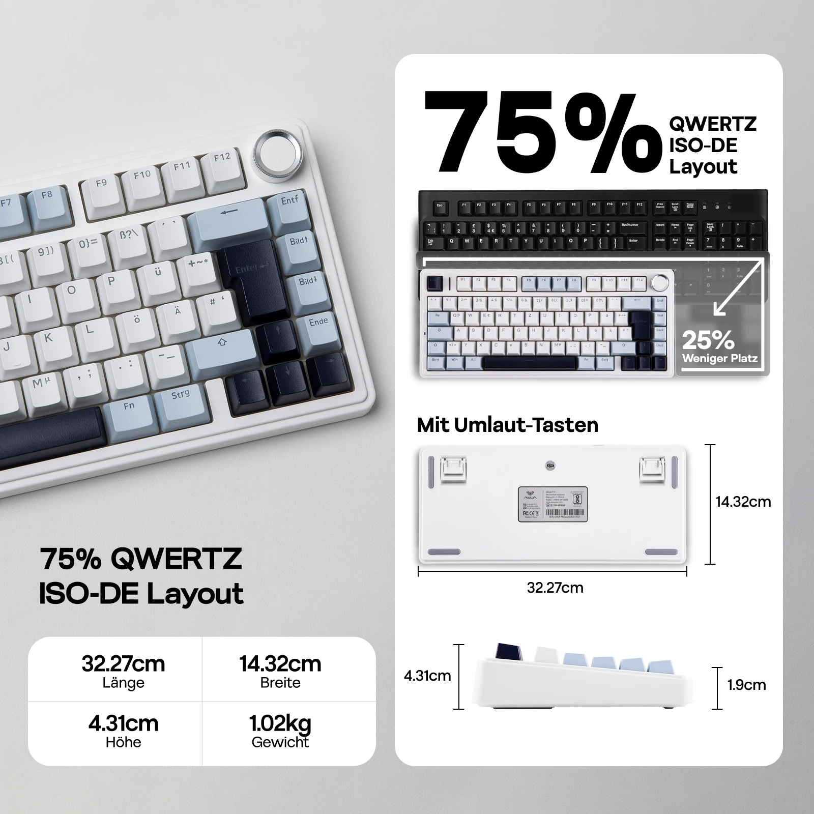 Klawiatura mechaniczna ISO-DE Layout EPOMAKER X AULA F75 75% German QWERTZ Hot-Swap Gasket Przewodowa/Bluetooth/Bezprzewodowa 2.4G z pokrętłem/RGB — zdjęcie produktu 3