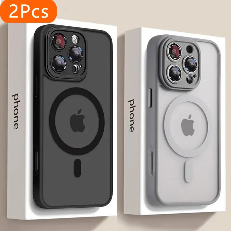 

2Pcs Luxury Matte Armor For Magsafe Magnetic Wireless Charging Case For iPhone 11 12 13 14 15 16 Pro Max Plus Shockproof Hard Co