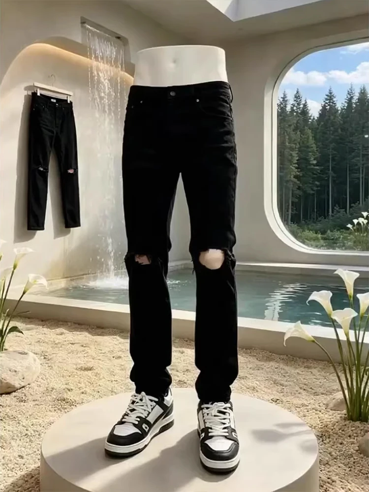 

American Style Men's Black Hole Jeans Summer Slim Straight Leggings High Waist Zipper Cotton Polyester Regenerated Viscose El...