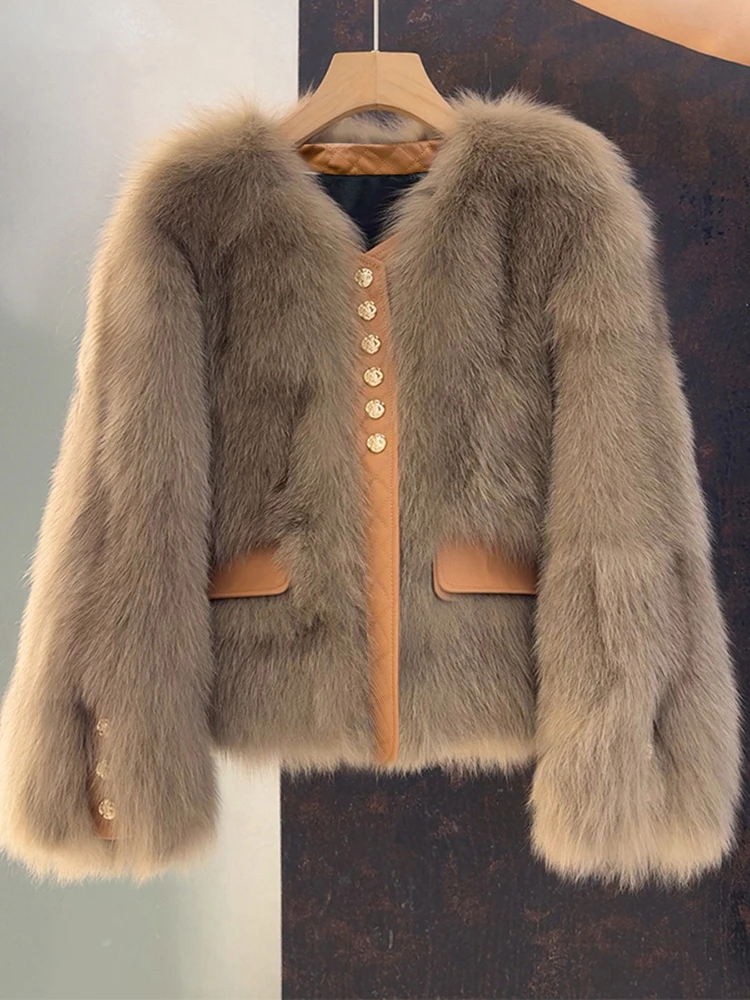 

Женская короткая куртка из искусственного меха лисы с V-образным вырезом, на пуговицах, с карманами из искусственной кожи, элегантная зимняя верхняя одежда