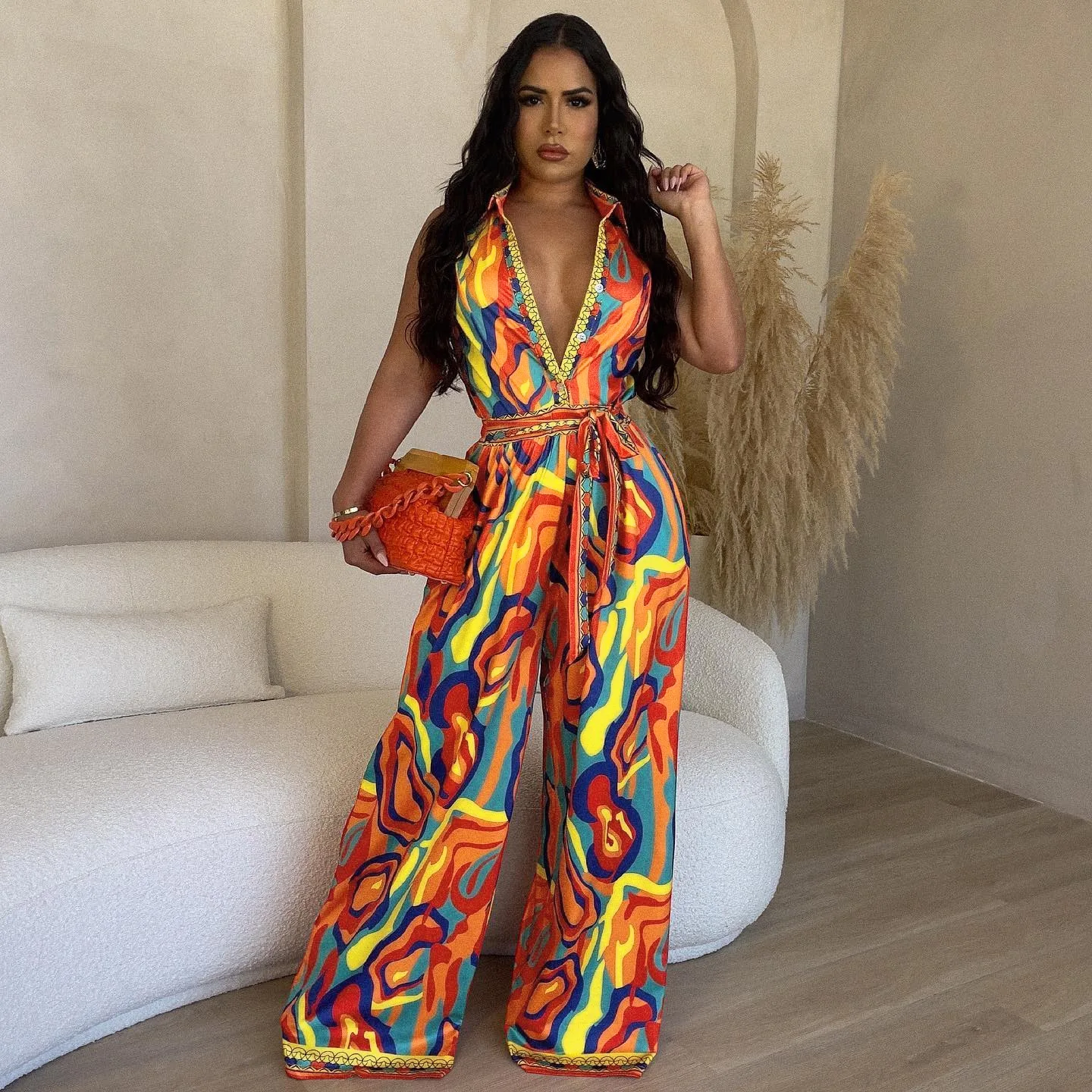 

Casual Women Jumpsuit Print Colorful Halter Streetwear Long Wide Pants Streetwear Romper Women Jumpsuit Overalls