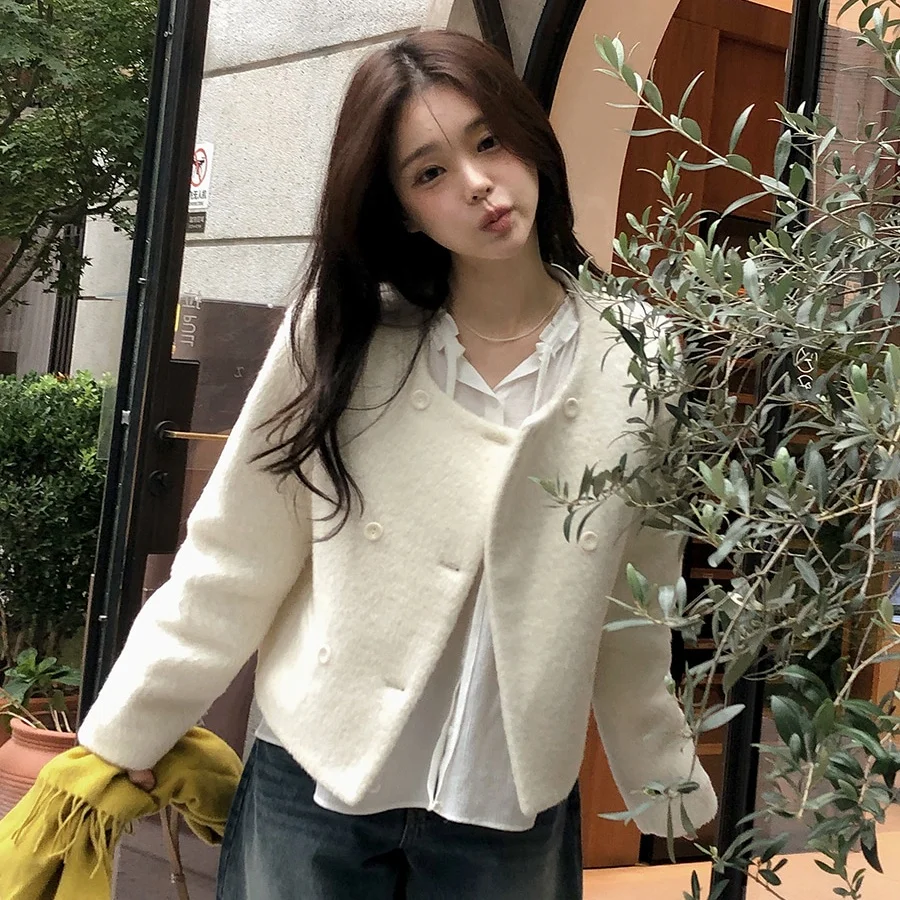 Chic décontracté laine Jaet femme Double boutonnage coton doublé ort haut Thiened Long Sve rond Ne couleur Pure trajet