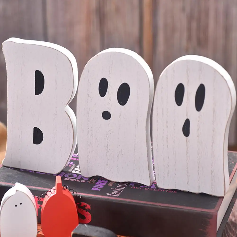 Indoor Fall Home Decor Wooden Boo Signs 3 Pcs Halloween Table Decorations Cute Ghost Wooden Signs with Jute Rope for Tiered