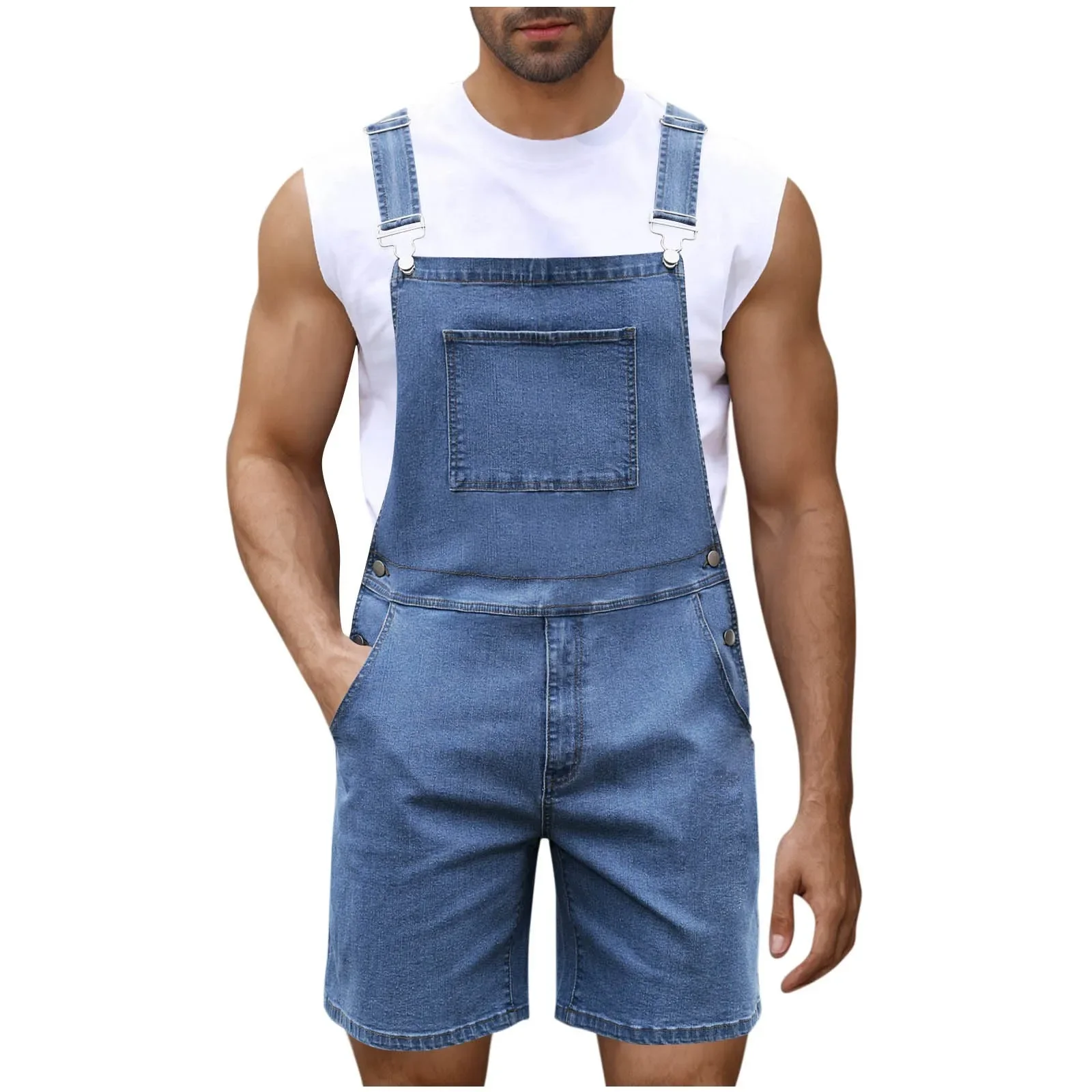 Summer Vintage Men's Solid Button Pocket Wash Water Fashion Casual Wear Adjustable Suspenders Street Wear Men Jumpsuit Pants