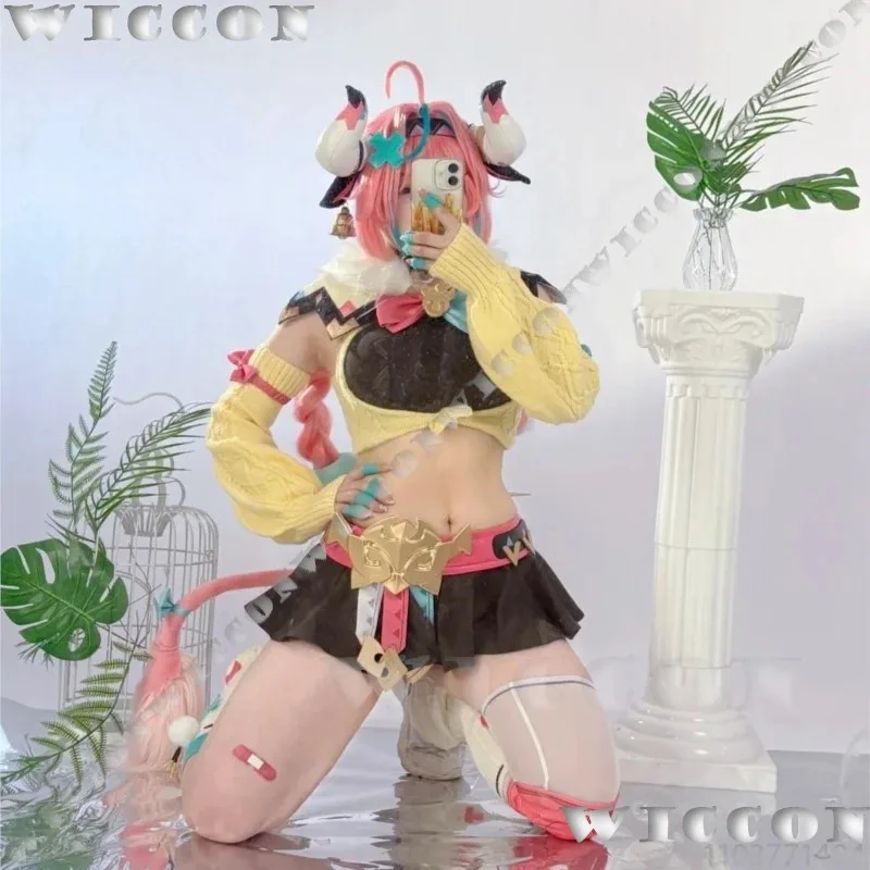 

a7d@Varesa Genshin Impact Cosplay Full Set Sexy Clothes Horn Headwear Blue Dress Pink Wig Girl Women Halloween Game Suit Customi