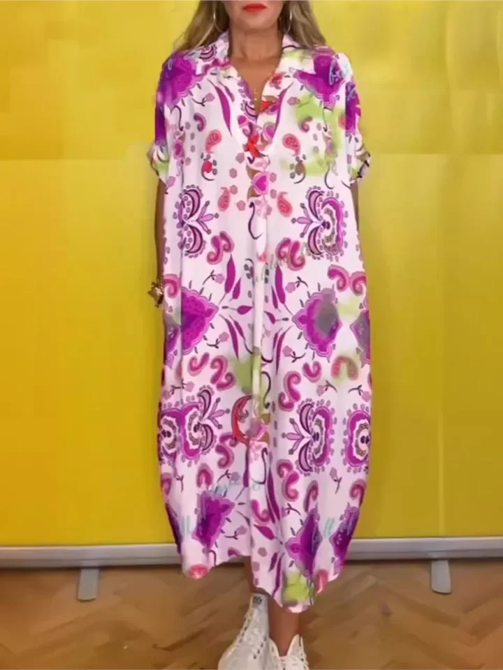 Abito da donna con stampa alla moda Abiti casual con scollo a V a maniche corte Abiti larghi per le donne Boho Holiday Beach Gonne Abbigliamento da donna Estate