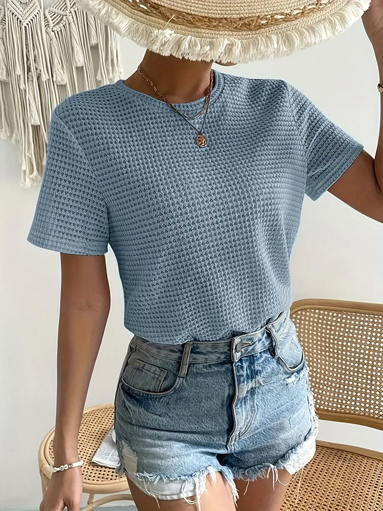 Women\'s Summer New Casual Soild Blue Color Loose Texture Jacquard American All-in-one Knitted Round Neck Solid Color T-shirt