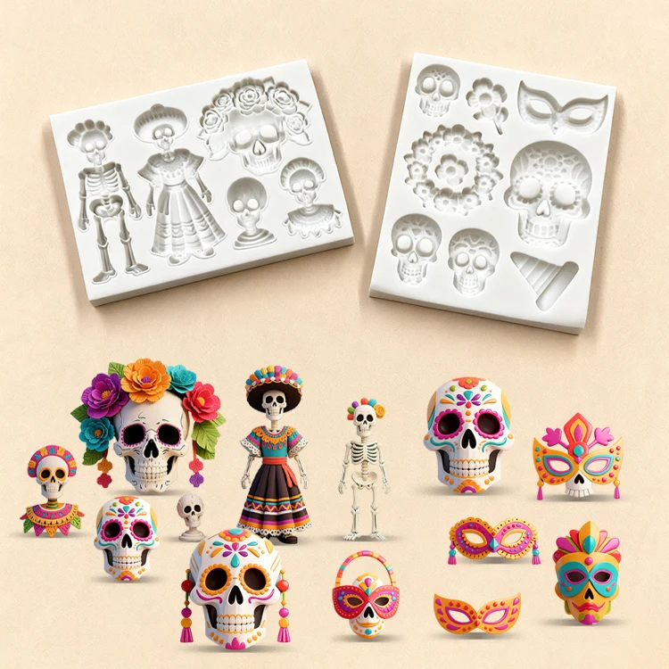 

Man and Woman Skull Silicone Molds Skeleton, Mask Diy Plaster Epoxy Resin Molds Halloween Party Supplies Cake Decorating Tools