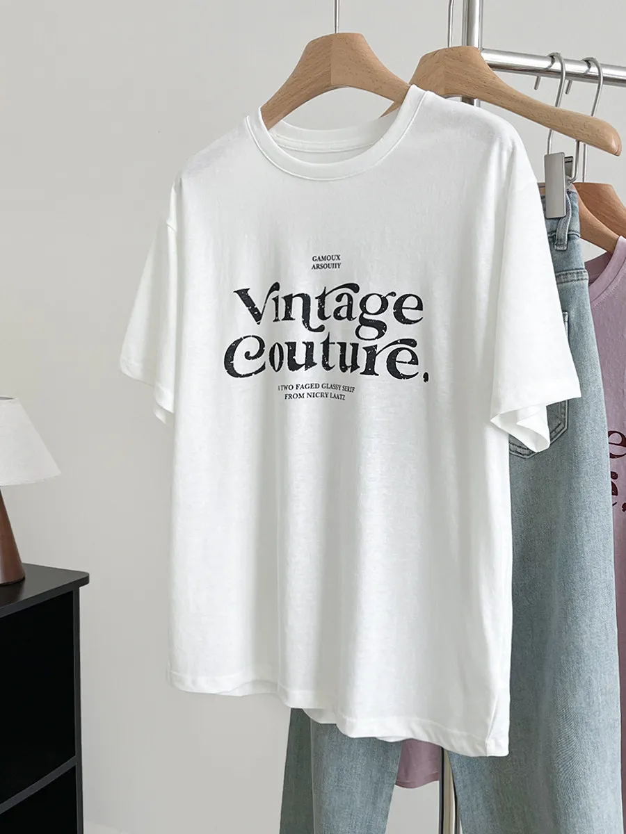 Summer New Women's Loose Fit Short Sleeve T-shirt Snowflake Cotton Draping Letter Print Casual Versatile Slimming Base Top