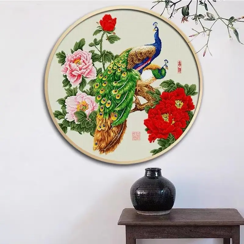 Handmade cross stitch finished couple peacock and peony circular full embroidered new Chinese style living room, foyer, living