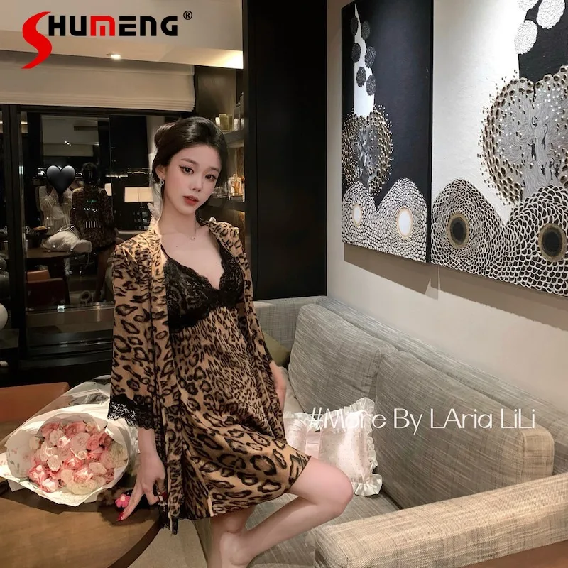 

Women's Chest Pad Nightdress Leopard Print Robe Set Pure Desire Sexy Ice Silk Camisole Sleep Set Female Backless Gown Suits