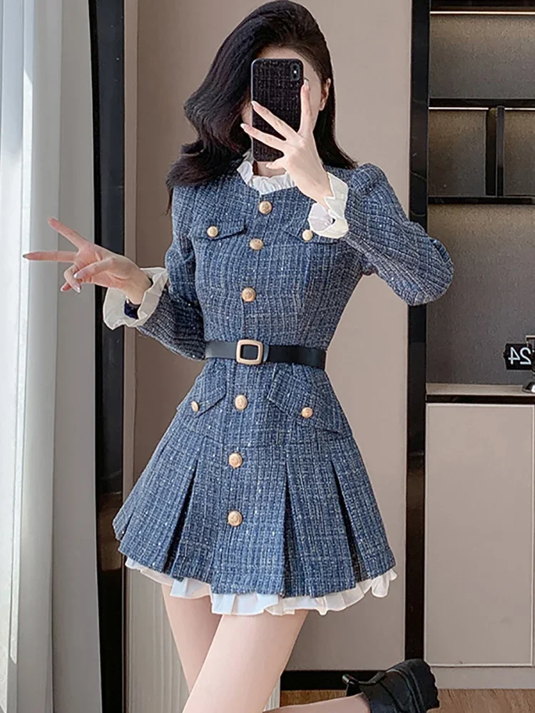 

Women Blue Plaid Chic Bandage Bodycon Short Dress Autumn Winter Long Ruffled Collar Dress 2026 Korean Vintage Elegant Prom Dress