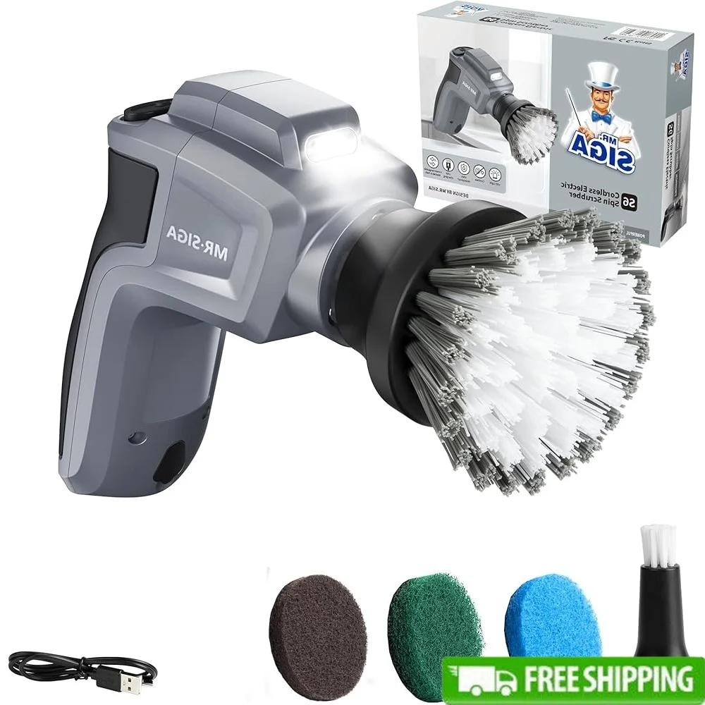 

Электрический вращающийся скруббер, беспроводная перезаряжаемая щетка для чистки со светодиодной подсветкой, 5 сменных насадок для чистки ванной комнаты и кухни