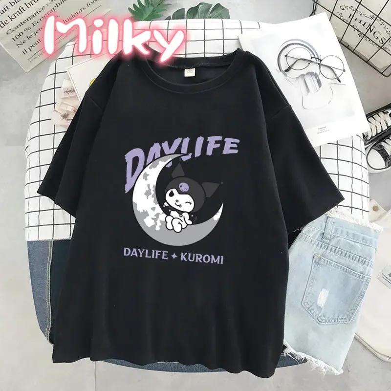 Punk gotik Kuromi baskı kısa kollu melodi tişört kadın üstleri yaz streetwear o-boyun Harajuku karikatür Tshirt kızlar ezmek Tee