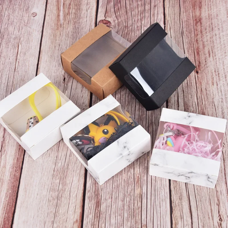 50Pcs/Lot Transparent Window Kraft Paper Box Mixed Color Fold Paper Boxes For Cookies Candy Packaging Jewelry Gift Display Box