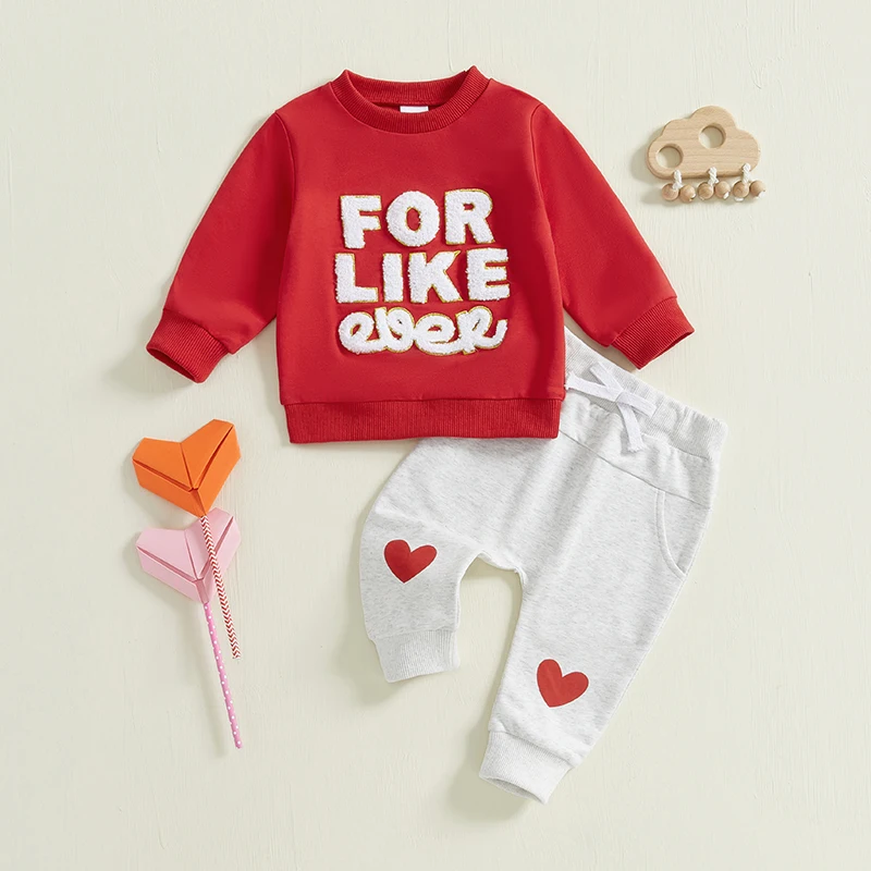 Baby Valentines Outfit Letter Embroidery Long Sleeve Sweatshirt and Heart Print Pants Set for Newborn Fall Clothes