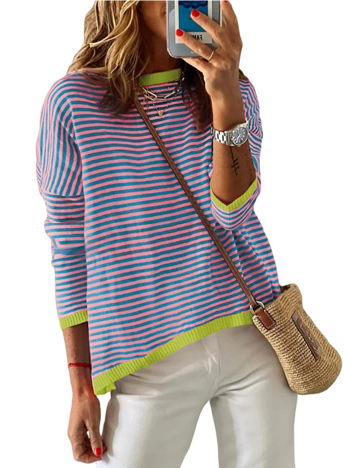 패션 대비색 스트라이프 롱 스웨터 여성용 스위트 핏 폴리에스터 섬유 고급사 라운드 넥 습기 방지 스웨터