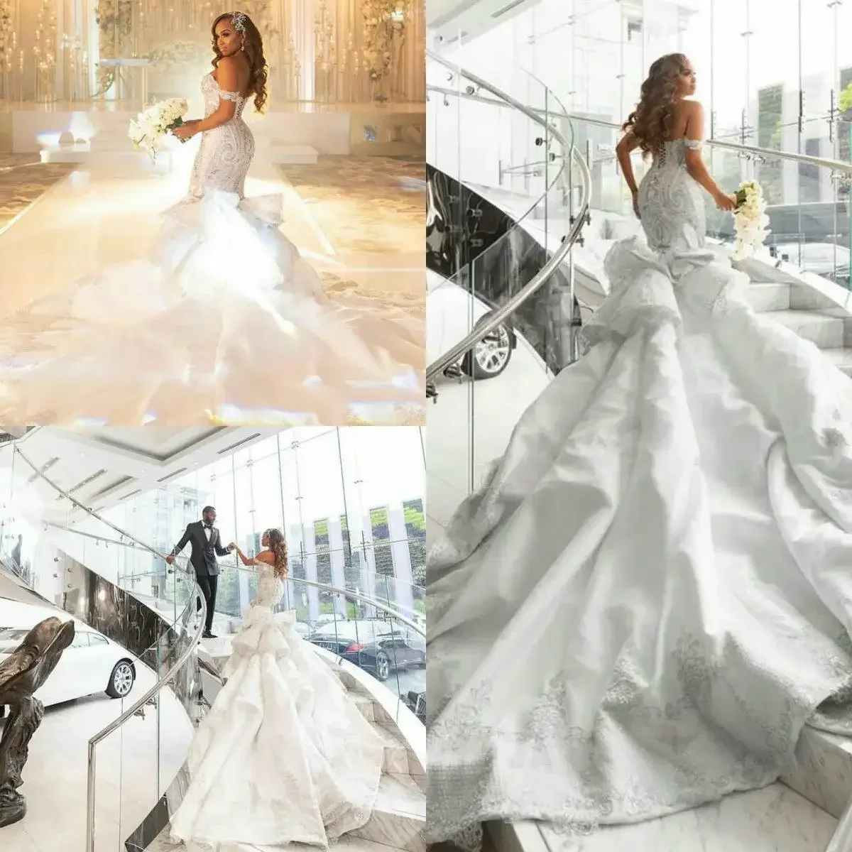 

Customized African Mermaid Wedding Dresses Plus Size Off Shoulder Long Train Black Girls Robe De Mariee Lace Beaded Bridal Gowns