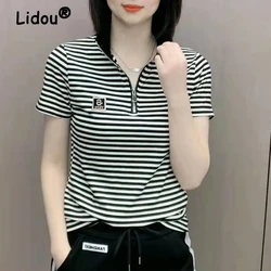 Women's Striped Stand Collar Zipper Short Sleeve T-shirts Summer Korean Fashion Applique Slim Casual Tops Female Clothing 2023