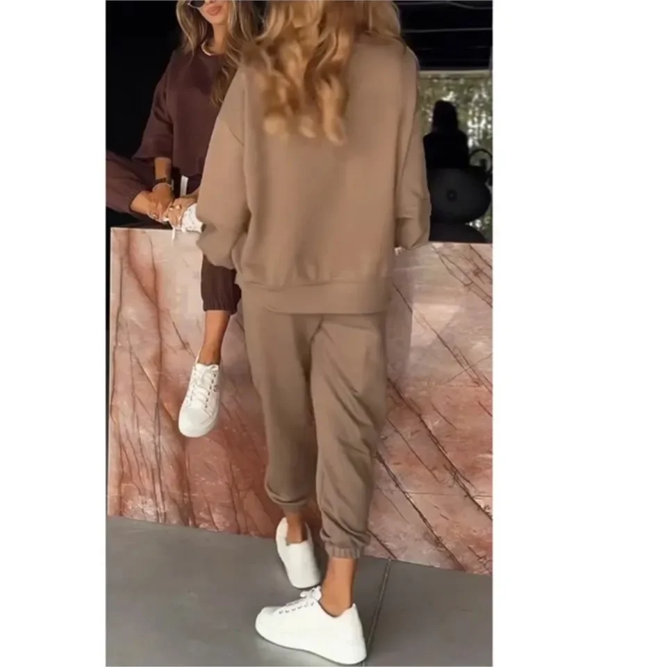 Autumn Casual T-shirt Long-sleeved Women's Long Pants 2piece Set Fashion Small Leg Long Pants Pocket Sport Long Pants Female Set