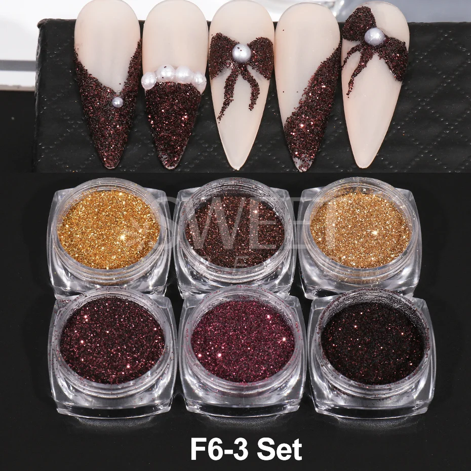 6pcs Brown Wine Red Colour Glitter Nail Powder Set Sugar Shiny Dust Winter Christmas New Year Decoration 2023 Manicure JIF6-3