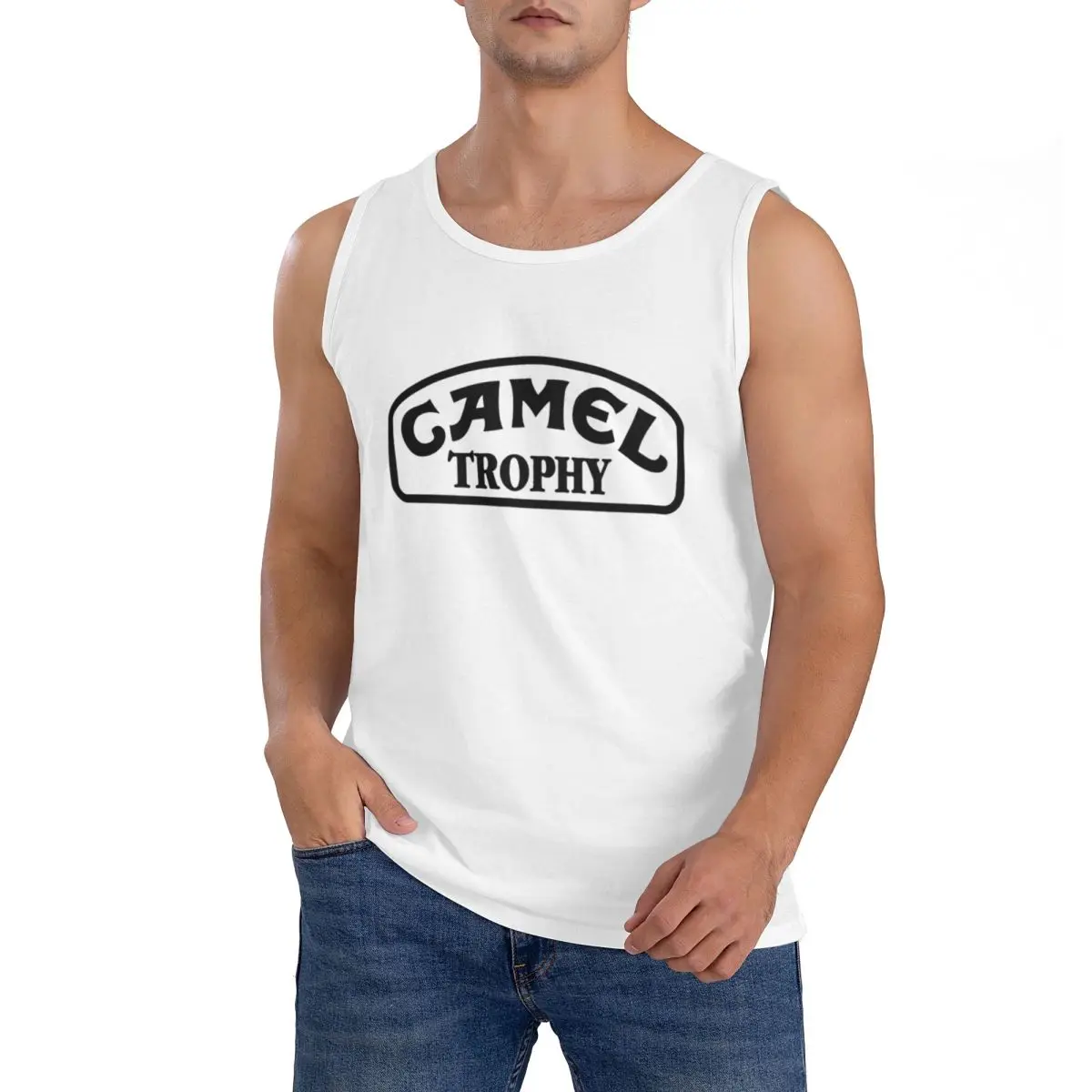 100% Cotton Camel Trophy Black Sleeveless T-Shirt Men Workout Sports Clothing Tops Men's Crew Neck Vest