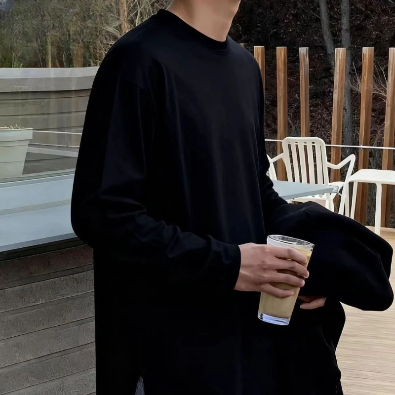 Men's Cotton Long Sleeve T-Shirt White Split Hem Loose Fit Base Layer Top Spring Summer Autumn Design Casual Inner Wear