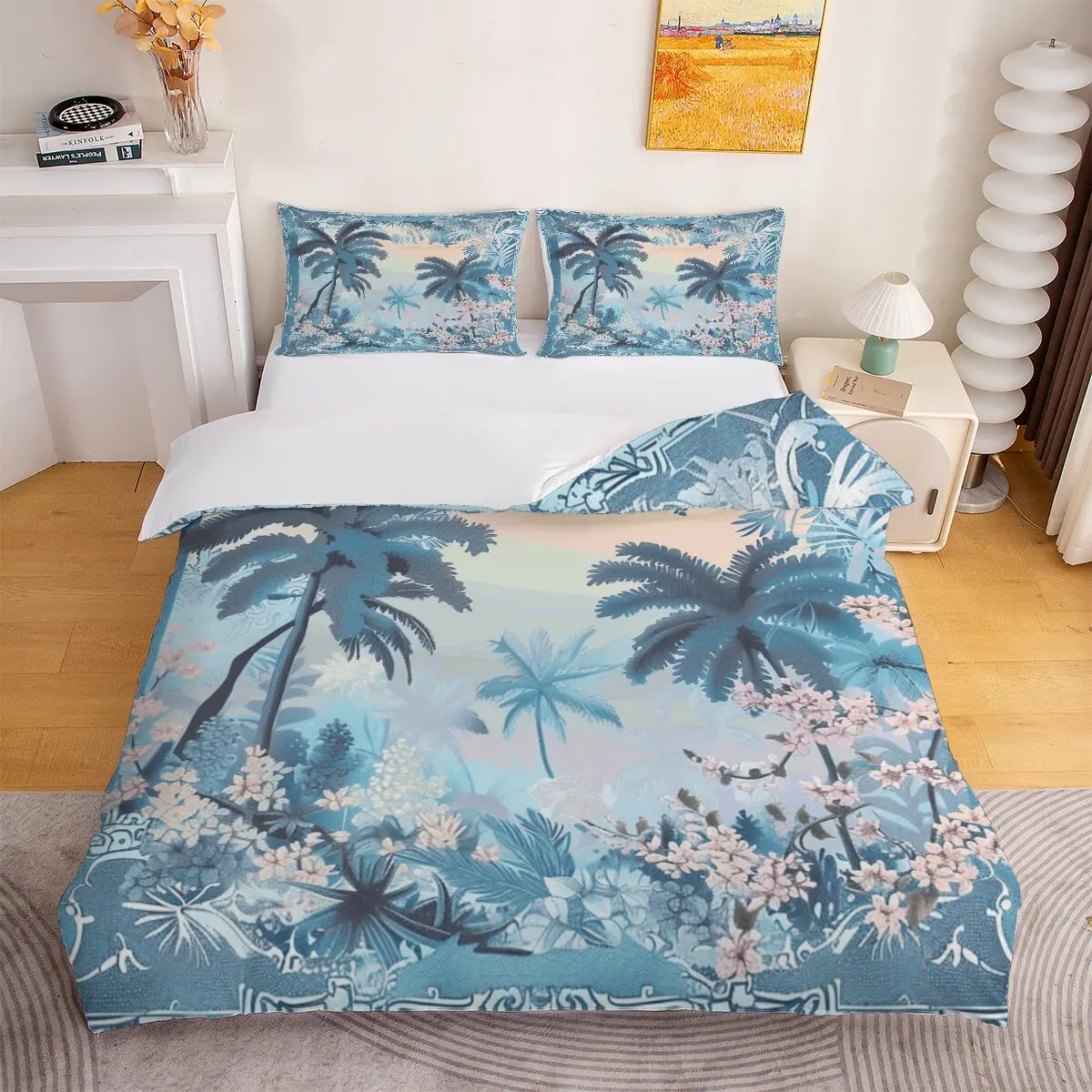 Bluish yellow flowers  Down comforter set, extra large size   tree and sunset  Duvet cover set, 1 duvet cover and 2 pillowcases