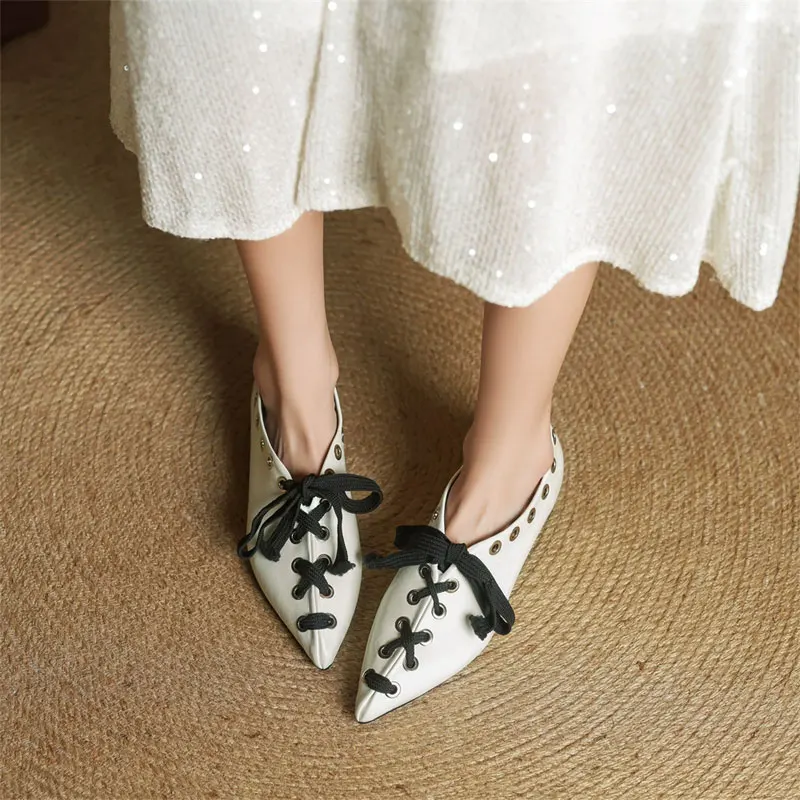 

2025 балетки с острым носком и плоской подошвой, новые модные женские туфли в стиле панк, обувь ручной работы, двухрядная петля