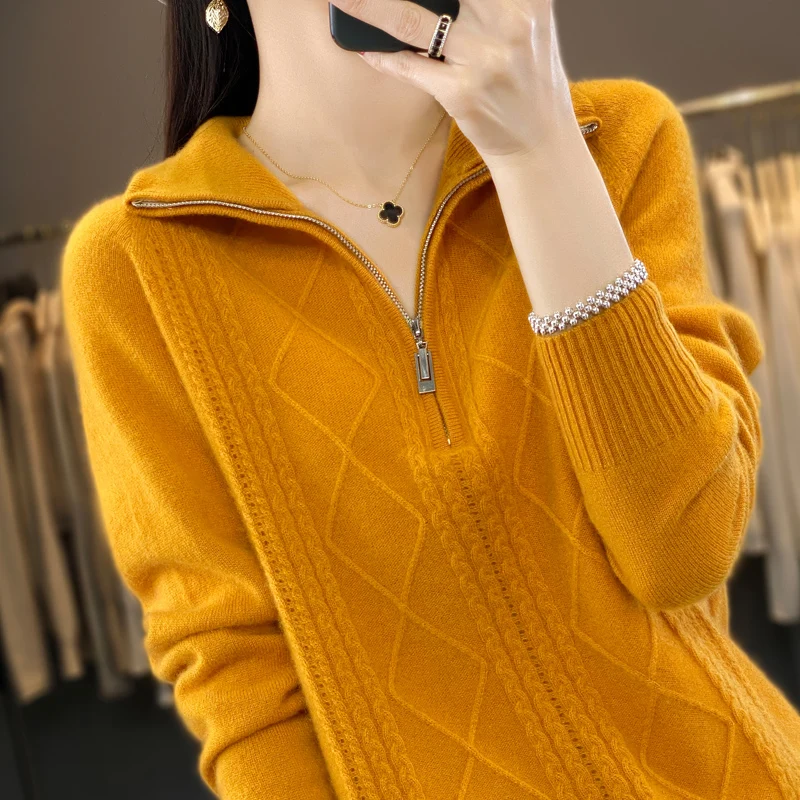 100% Merino Wool Women\'s Turtleneck Sweater Autumn Winter Casual Knit Loose Top Fashion Zipper Half Open Neck Cashmere Pullover