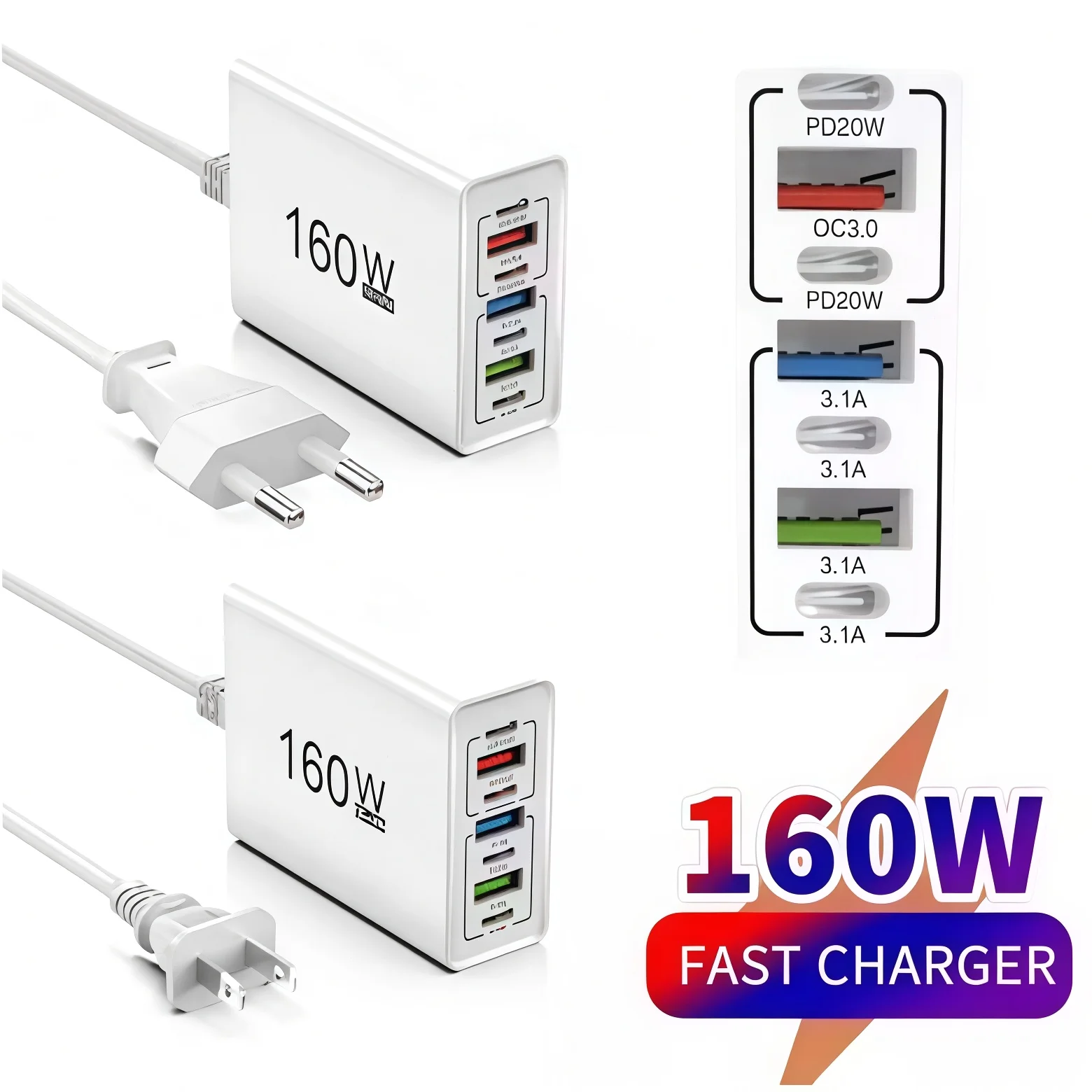 160W 7 Ports USB Charger USB Type C Wall Charger Adapter For Xiaomi for iPhone EU/US Plug USB PD Travel Chargers Socket