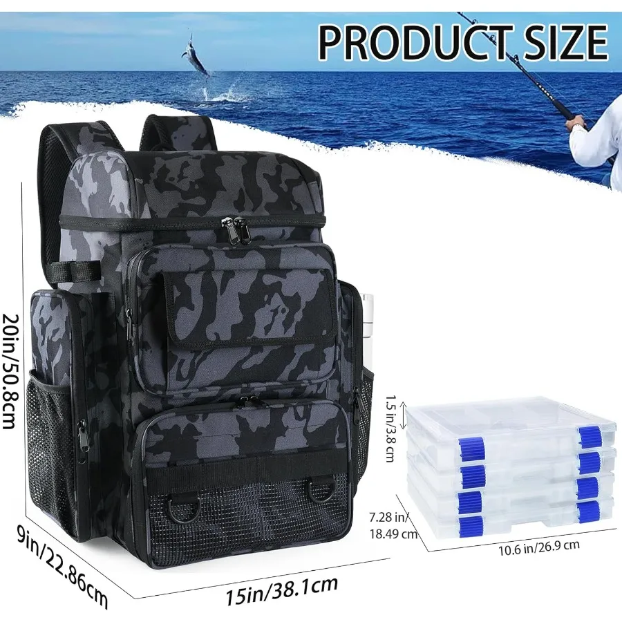 حقيبة ظهر لصيد الأسماك مع 4 3600 صناديق معالجة 98 قطعة مجموعة ملحقات الصيد 45L حقيبة معالجة كبيرة لصيد الأسماك والتخييم والتنزه المموه #2