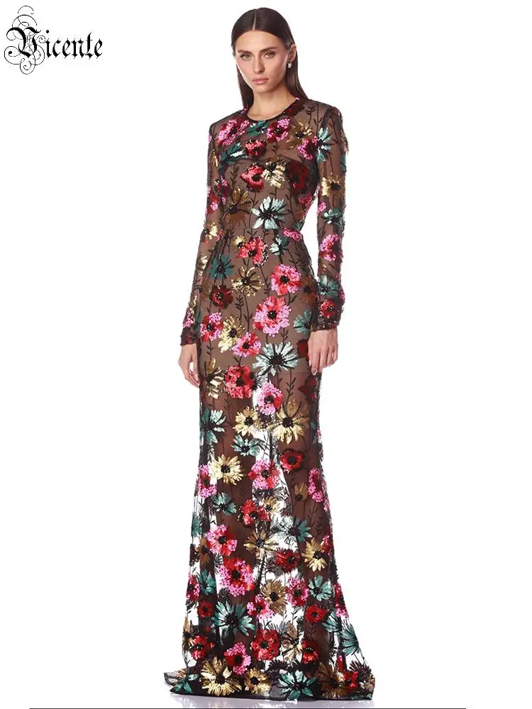 

VC Luxury Floral Sequin Long Dress For Women Long Sleeve Sheer Mesh Bodycon Evening Gown Elegant Mesh Wrapping Hips Dress 2026