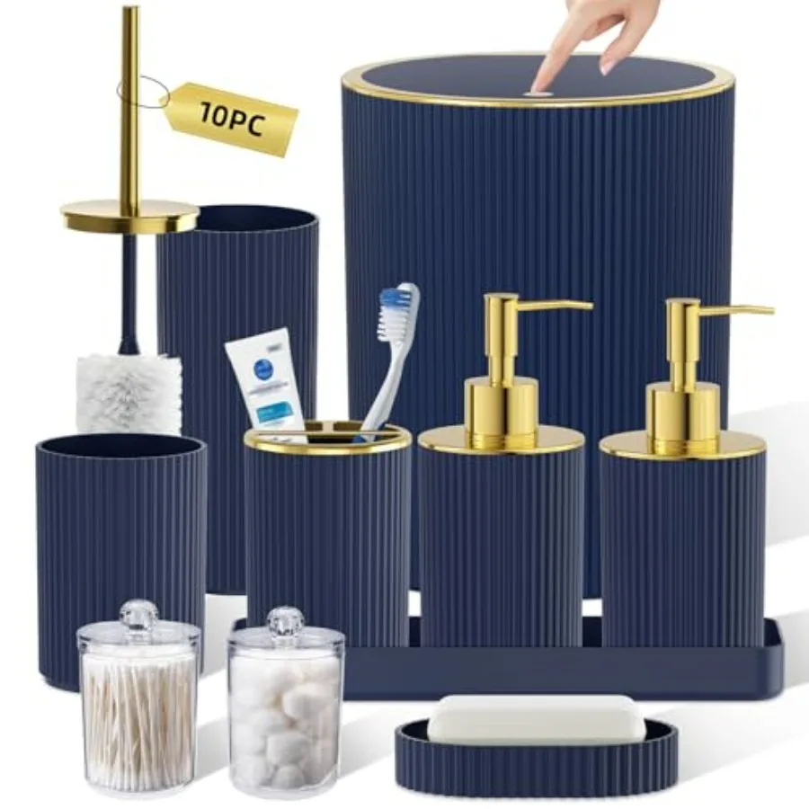 

Набор аксессуаров для ванной темно-синего цвета, 10 предметов: мусорное ведро с выдвижным механизмом, дозатор для мыла, ёршик для унитаза, держатель для зубных щёток, подставка для ватных палочек, поднос.