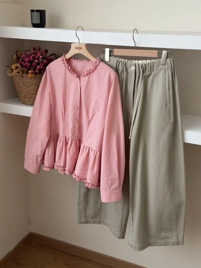 

Sweet Style Pink Lace Trim Loose Long Sleeve Women's Shirt Spring New Fashion Youthful Versatile Slimming Top