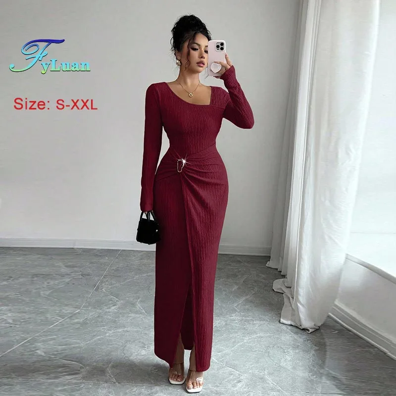 Nowa Moda Damska Długa Sukienka Jednolity Kolor Dzianinowa Tekstura Sukienka Wieczorowa Nieregularny Kołnierz Długi Rękaw Wyszczuplająca Sukienka Maxi Suknie na Bal Studniówkowy