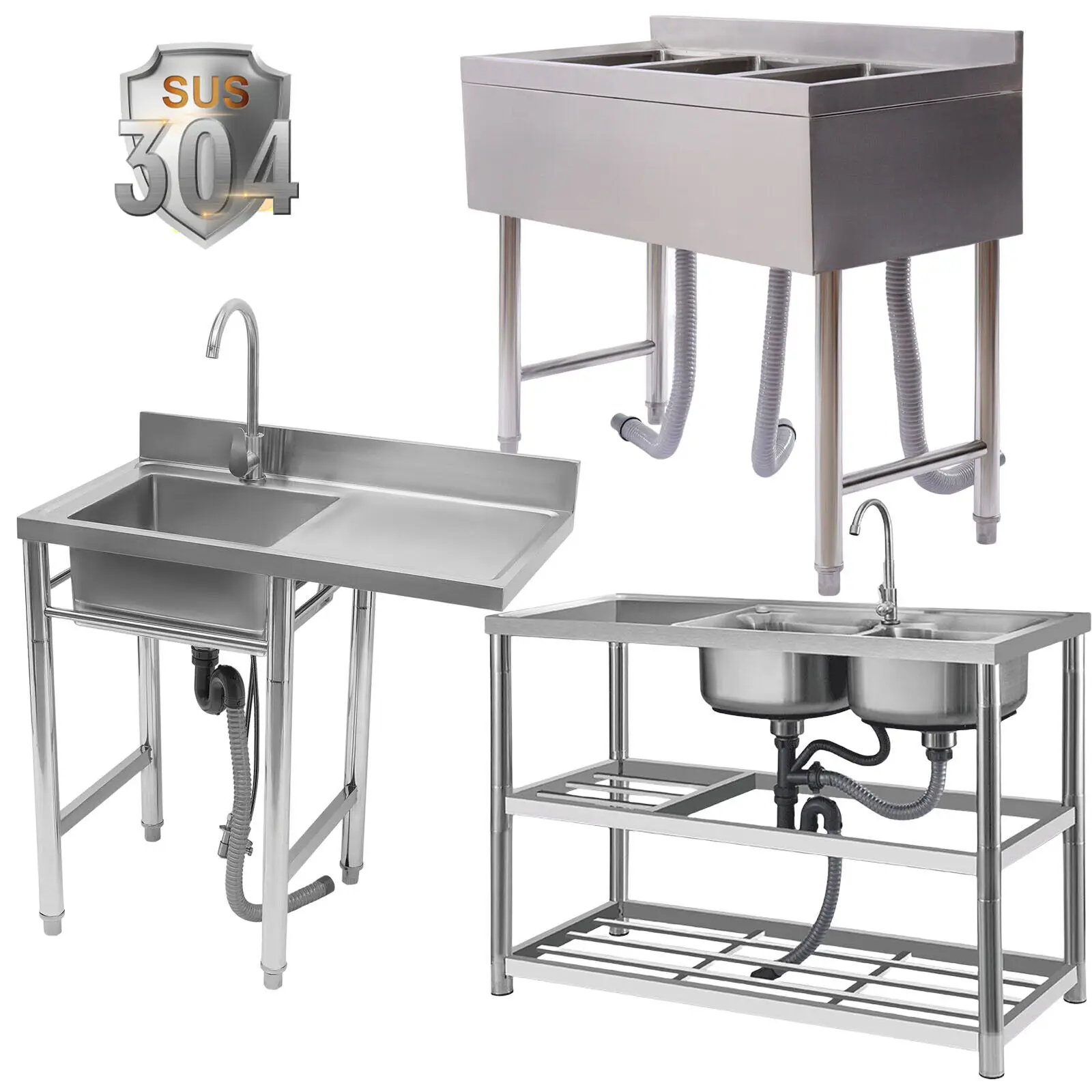 

1/2/3 Compartment Stainless Steel Commercial Kitchen Sink Restaurant Utility Sink Dish Washing Disinfection Pool w/Standing Rack