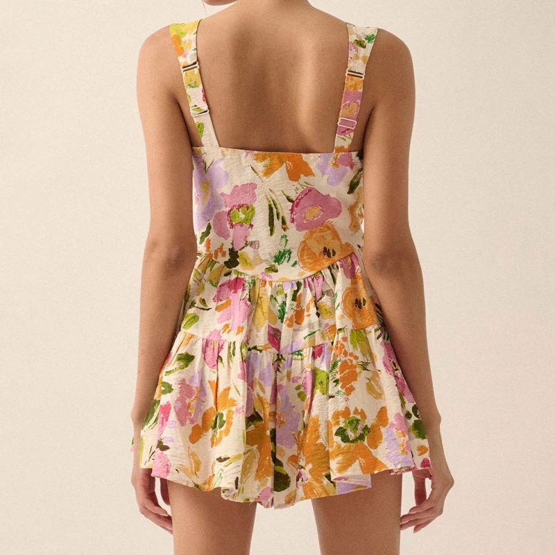 여성 Boho 꽃 미니 캐미 드레스 스파게티 스트랩 Flowy 짧은 슬링 드레스 여름 민소매 로우 컷 홀리데이 a 라인 Sundress