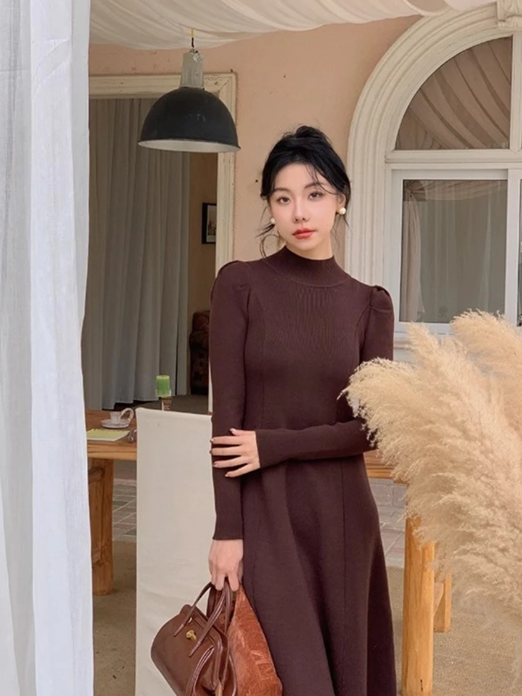 Knitted Dress Women Half High Collar Long Sleeve Simple All-match Slim Feminine Seductive Faddish Temper Autumn Winter Slouchy