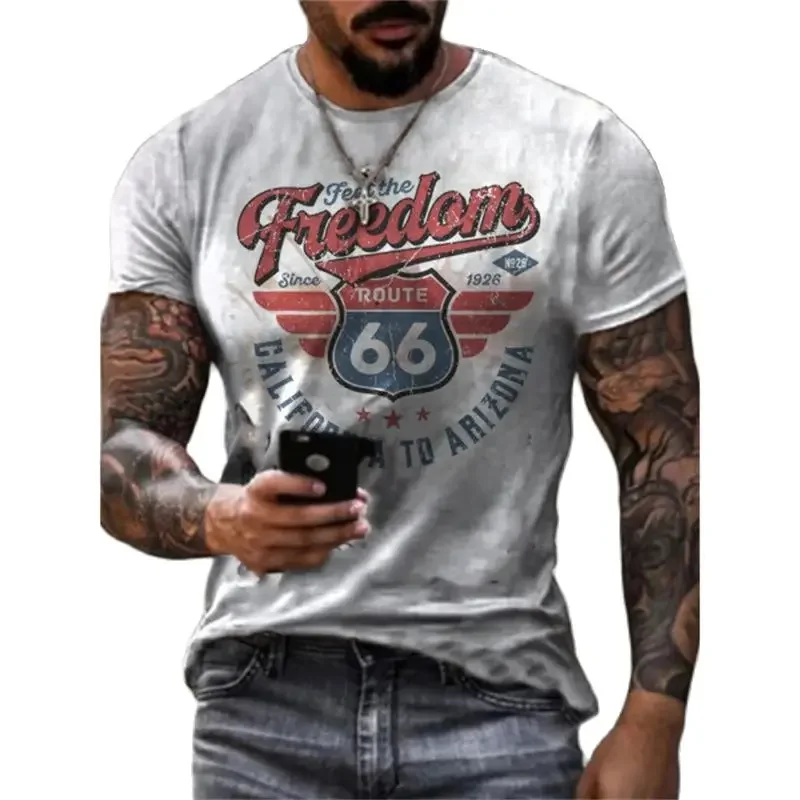 

California Fashion Vintage 3D Print Men's T-shirts Summer US Route 66 Letters Clothes O Collar Casual Street Oversized T Shirt