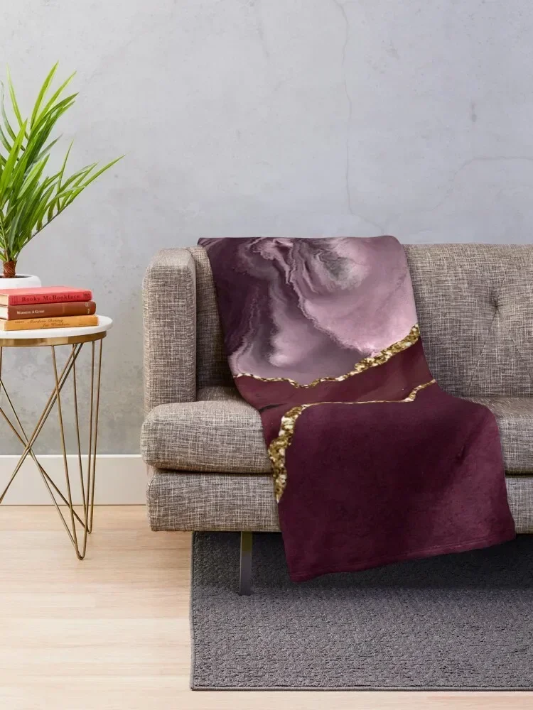 Burgundy Maroon Geode Agate Throw Blanket Plaid on the sofa Stuffeds Blankets