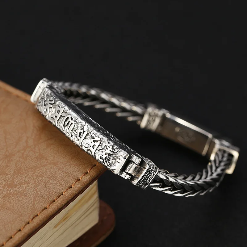 stylish six-character mantra auspicious cloud bracelet men's retro thai silver hand-woven cable stitch jewelry
