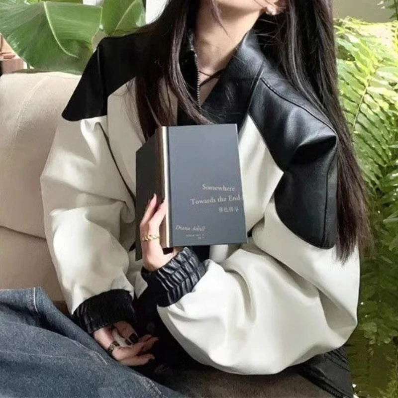 Veste de moto en cuir noir et blanc vintage américain pour femme, veste de style baseball haut de gamme populaire 2025, tendance.