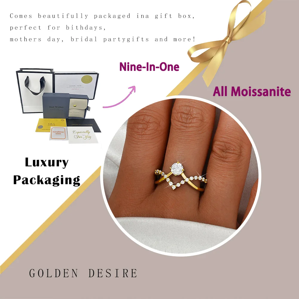 خاتم مويسانيتي 0.5 قيراط من الفضة الإسترليني عيار 925 مطلي بالذهب عيار 18 قيراط نمط فريد مفتوح للنساء هدية للحفلات يأتي مع شهادة GRA #2