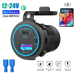 12V-24V Dual USB Car Charger PD&QC 3.0 Car Fast Charger Port Socket Waterproof with Power Switch For RV Car