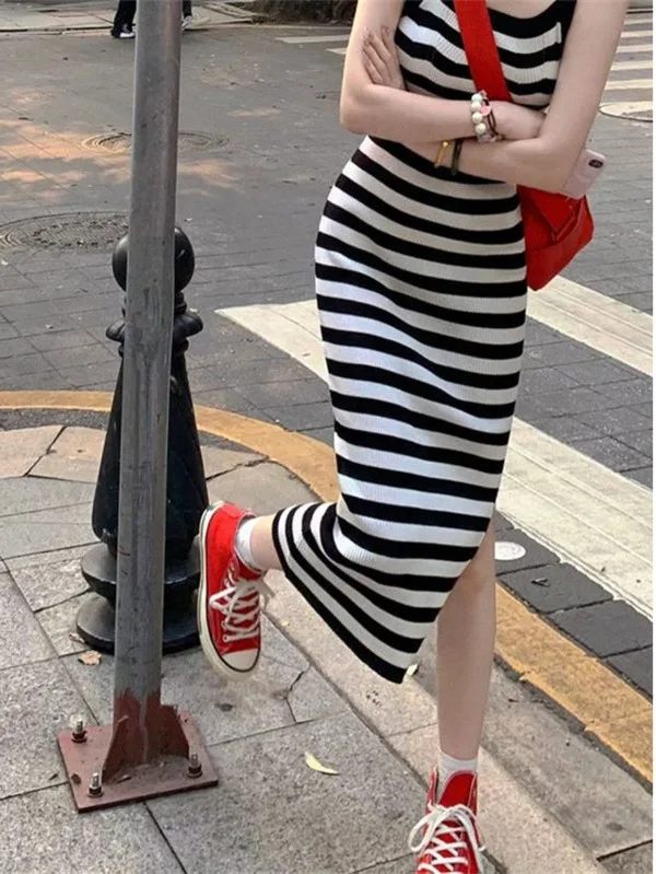 Spicy Girl Fried Street Stripe Knitted suspender Dress Summer Split Waist Skirt Slimming Long Skirt Sleeveless Tank Top 3Z7S