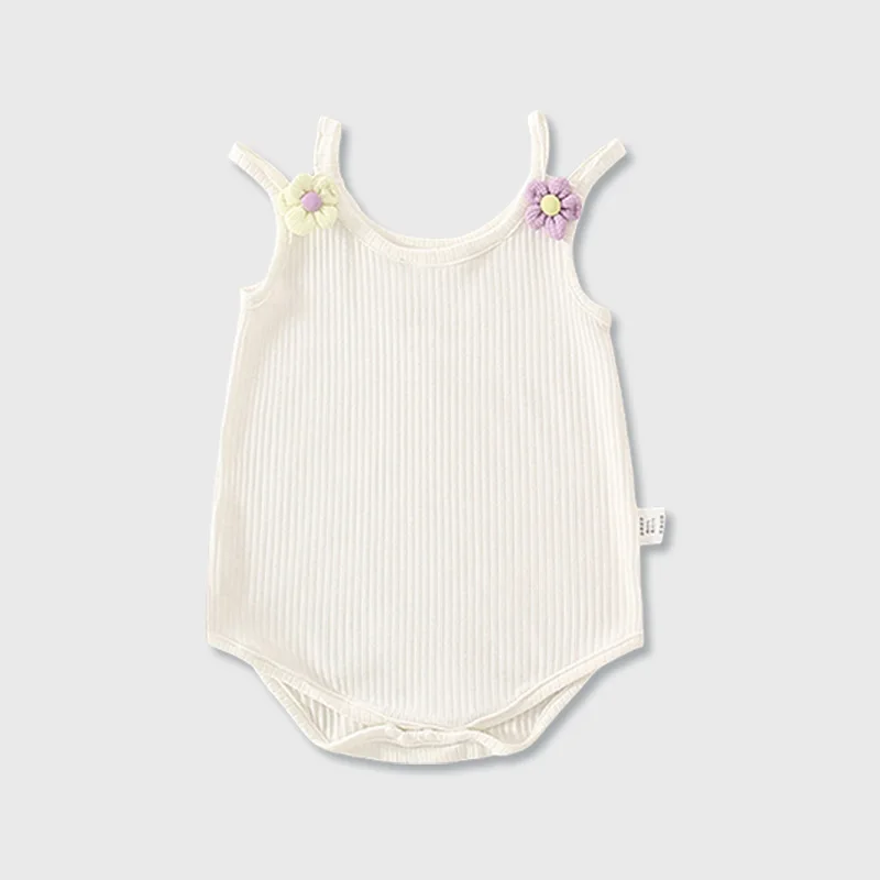 Infant Summer Sleeveless Soft Breathable Cotton Fabric Romper With Floral Decoration Cute Candy Color Daily Casual Outdoor Wear