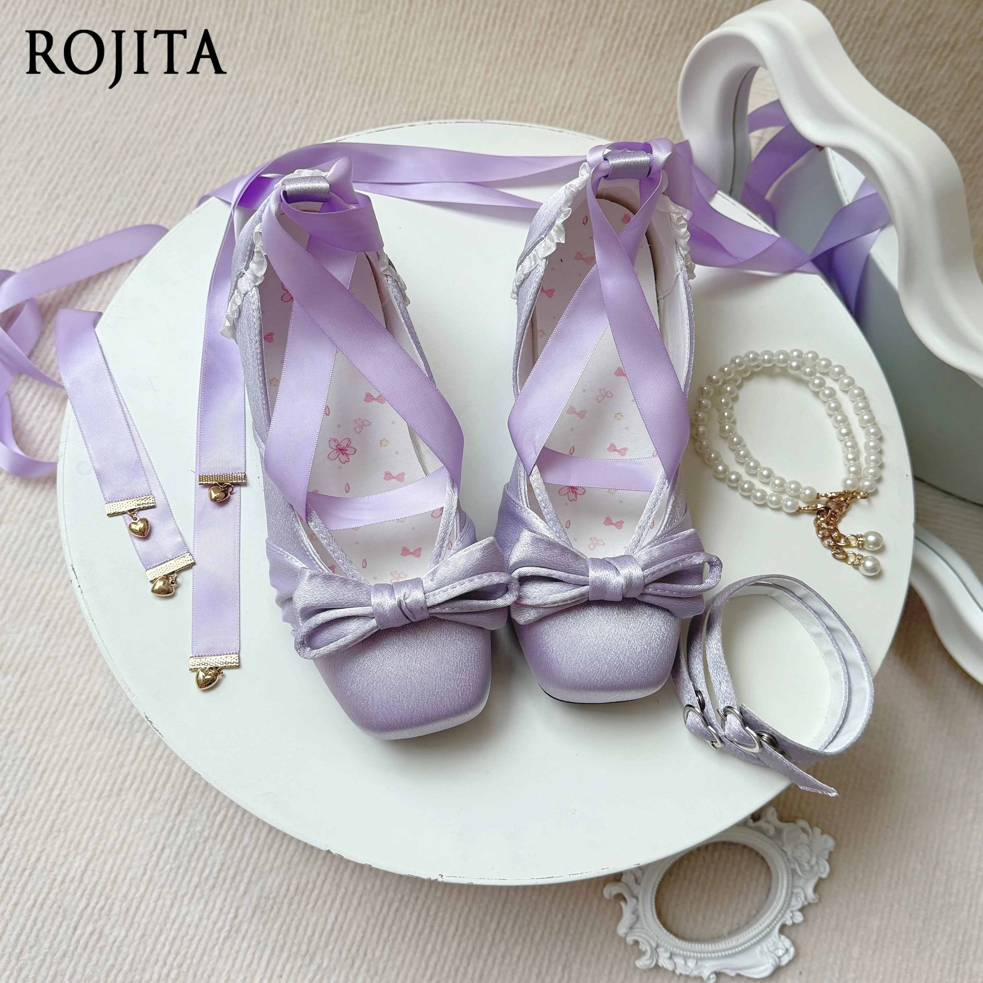 Sweet Lavender Satin Lolita Ballet Flats Square Toe Bow Detachable Ankle Wrap Gold Heart Charm Lace Trim Low Heel Princess Shoes