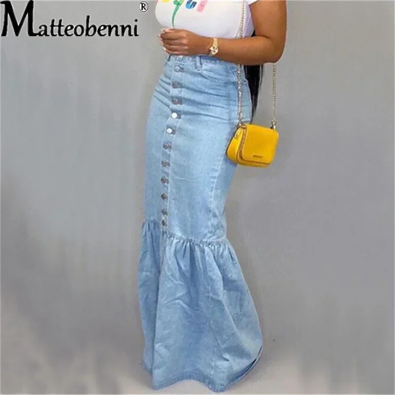 2024 Nieuwe Fishtail Denim Rok Vrouwen Mid-Kalf Zeemeermin Trompet Lange Rok Ruche Breasted Empire Sexy Hoge Taille elastische Rok